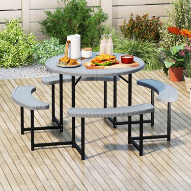 Round Picnic Table Bench Set Outdoor Circular Picnic Table with 4 Benches