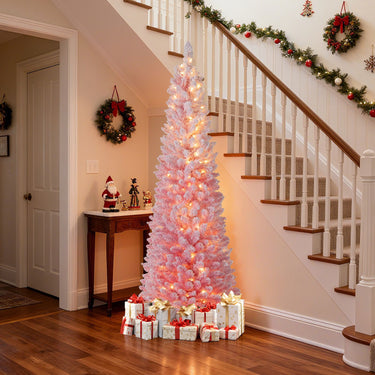 Snow-flocked Artificial Pink Christmas Tree with Warm White LED Lights and Lighting Modes
