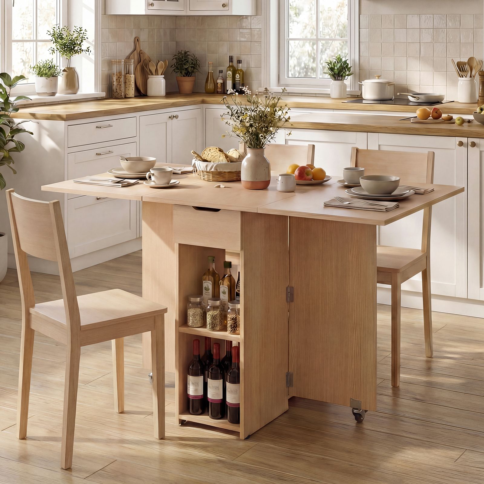 Space Saving Kitchen Table Drop Leaf with 2 Open Shelves and Drawer fo ...