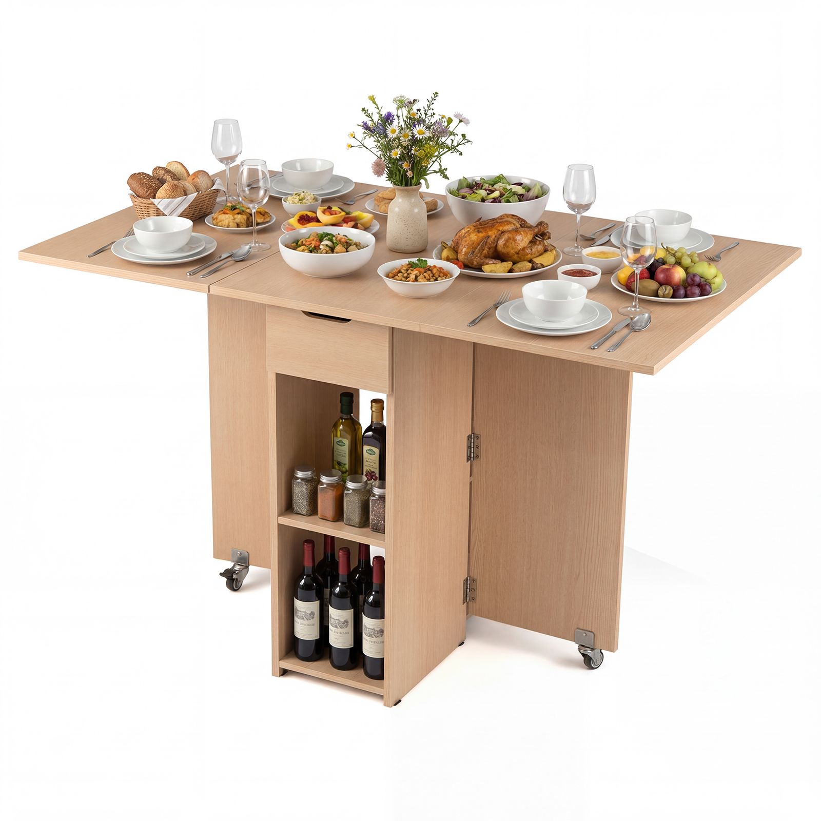Space Saving Kitchen Table Drop Leaf with 2 Open Shelves and Drawer fo ...