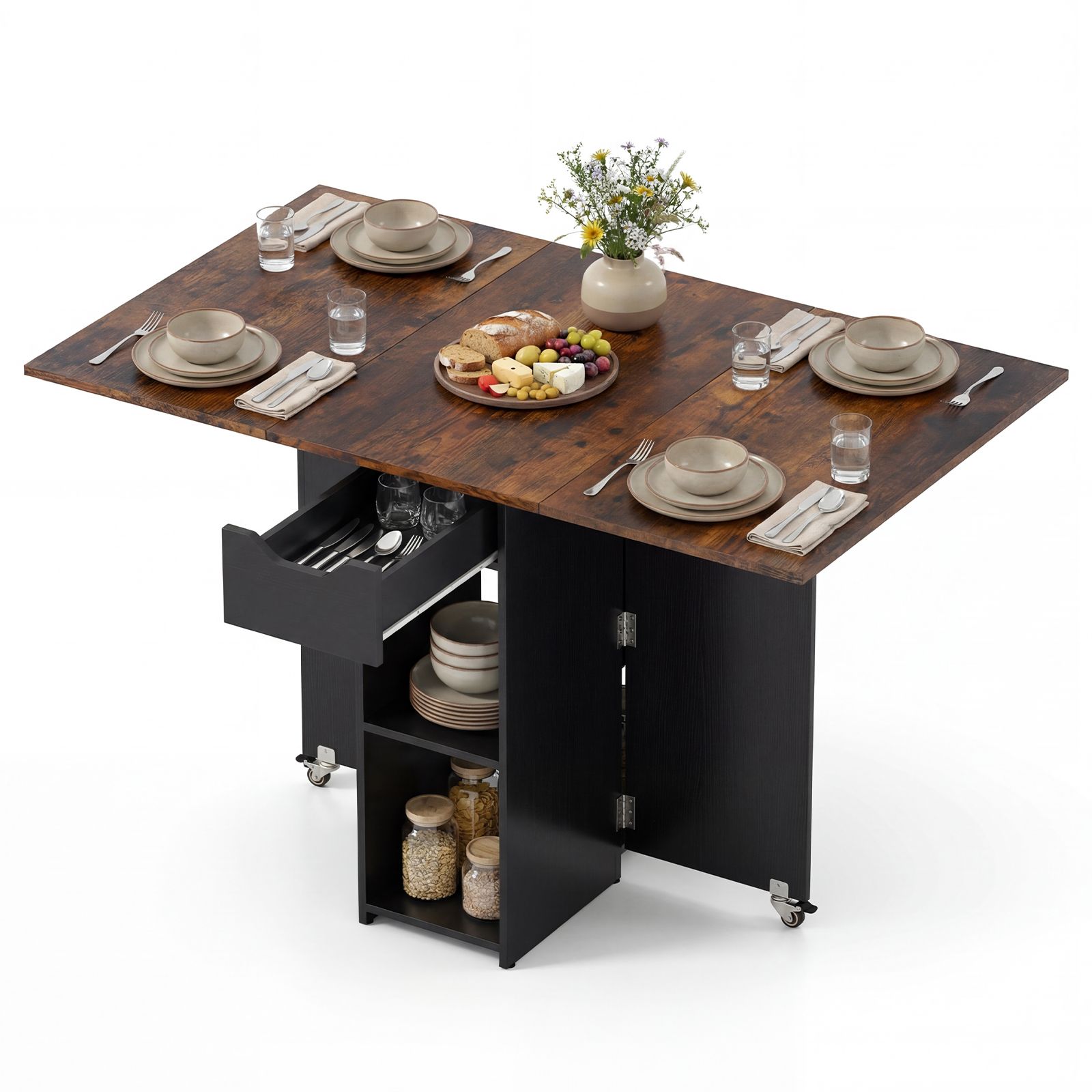 Space Saving Kitchen Table Drop Leaf with 2 Open Shelves and Drawer fo ...