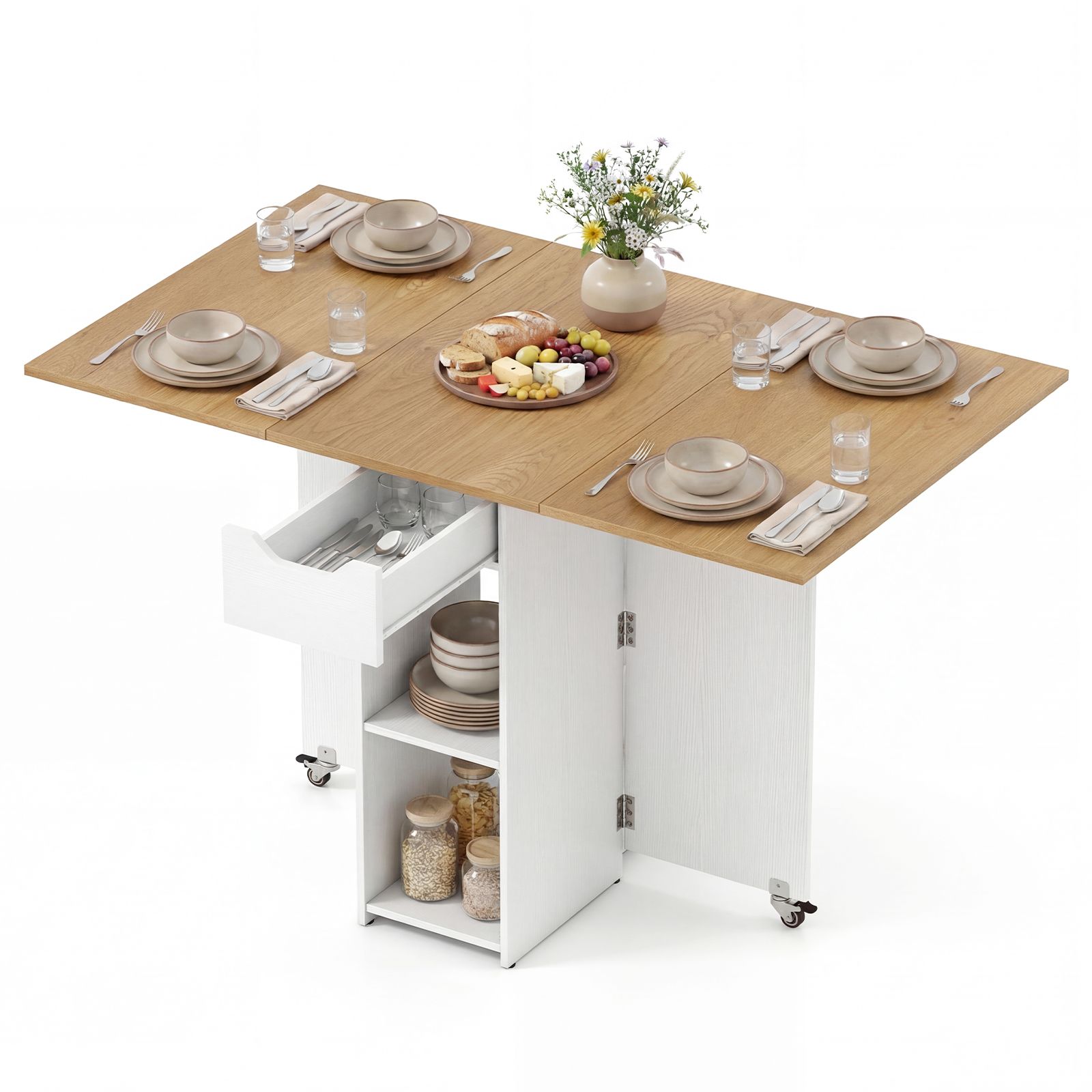 Space Saving Kitchen Table Drop Leaf with 2 Open Shelves and Drawer fo ...