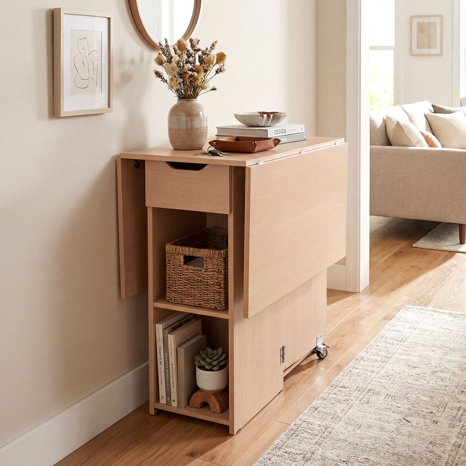 Space Saving Kitchen Table Drop Leaf with 2 Open Shelves and Drawer fo ...