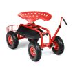 Steerable Garden Cart Rolling Scooter with Extendable Handle and Storage Basket