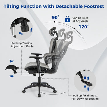 Adjustable Computer Desk Chair with Tilting Backrest, Lumbar Support, Headrest, Armrests, Retractable Footrest