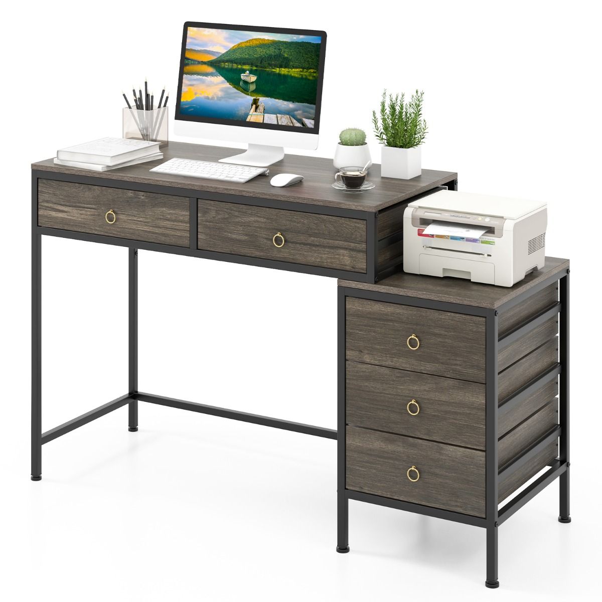 One Side File Desk Computer Desk w/ 5 Drawers, Home Office Desk w/Side File Cabinet ...