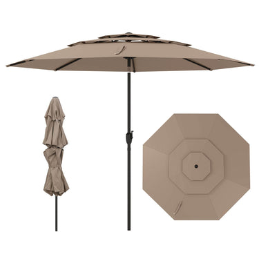 3 m 3-tier Vented Patio Umbrella Large Market Table Umbrella w/Push Button Tilt Crank Handle 8 Sturdy Ribs