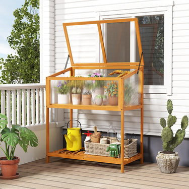 Wood Cold Frame Greenhouse, Openable Roof & Slatted Storage Shelf, Space-Saving Indoor Outdoor Hot House