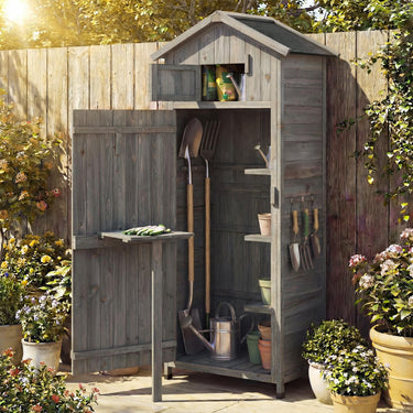 Wood Garden Storage Shed, 76 x 51.5 x 178 cm Outdoor Storage Cabinet with Lockable Barn Door