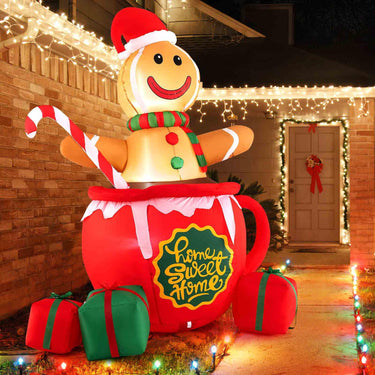 210CM Inflatable Gingerbread Man in Hot Cocoa Mug with LED Lights