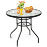 Patio Table, Round Metal Coffee/Tea Table with Tempered Glass Top and Umbrella Hole - PatiojoyAU