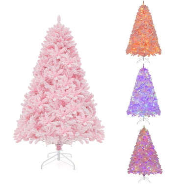 1.85m/2.15 m Pink Snow Flocked Christmas Tree Artificial w/ 8 LED Lighting Modes