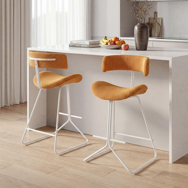 Fabric Upholstered Armless Barstools with Curved Back & Padded Seat, Metal Legs & Footrest