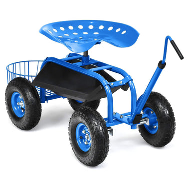 Steerable Garden Cart Rolling Scooter with Extendable Handle and Storage Basket