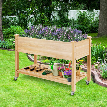 Elevated Wooden Planter Box, Lockable Mobile Garden Bed