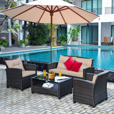 4 Pieces Outdoor Rattan Furniture Set Patio Wicker Conversation Sofa w/Chairs