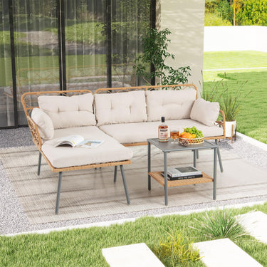 3 Pieces Corner Patio Furniture, PE Rattan L-Shaped Cushioned Sofa Set