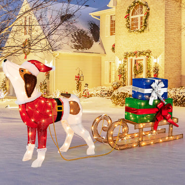 170 Warm Bright Lights Outdoor Pre-lit Xmas Dog and Sleigh and Gift Boxes Combo