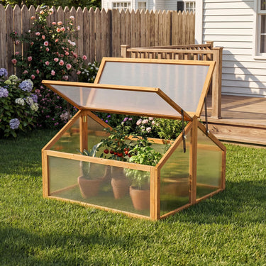 Wood Cold Frame Greenhouse with Transparent Double-Side Openable Roof, Small Indoor Outdoor Hot House
