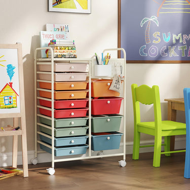 14-Drawer Rolling Cart with Pegboard 2 Locking Brakes and Metal Frame for Classroom Home Office