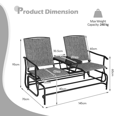 2 Person Outdoor Double Glider Chair, Mesh Fabric Rocking Chair w/Center Tempered Glass Table
