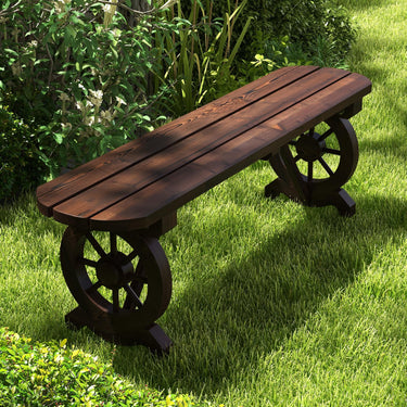 Patio Rustic Wood Bench, Carbonized Wood Long Bench w/Wagon Wheel Base - PatiojoyAU