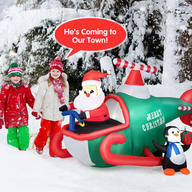 190CM Christmas Inflatable Santa Claus with Penguins on Helicopter