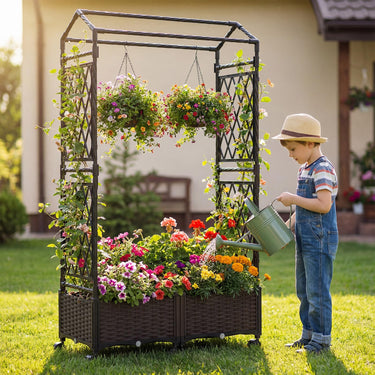 Self-Watering Planter Boxes w/Lattice Trellis & Roof
