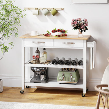 3-Tier Rolling Utility Kitchen Island with Storage Wood Countertop