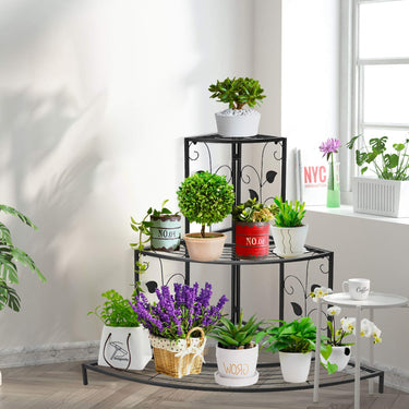Black Floral Design Metal Step Style 3 Tier Planters Display Stand Corner Shelf Flower Pots