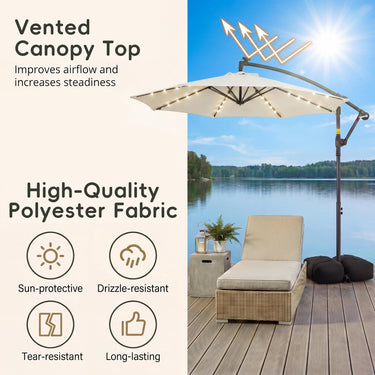 3M Offset Cantilever Patio Umbrella with Solar LED Lights, Outdoor Hanging Market Umbrella