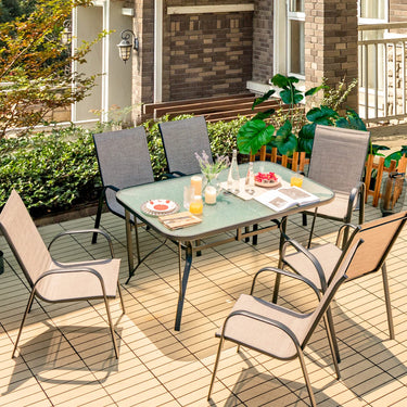7-Piece Patio Dining Set, Outdoor Dining Table Set with 6 Stackable Chairs and 140 cm Tempered Glass Rectangular Table with Umbrella Hole