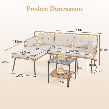 3 Pieces Corner Patio Furniture, PE Rattan L-Shaped Cushioned Sofa Set
