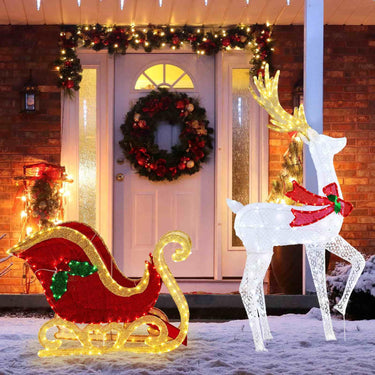LED Lighted Christmas Reindeer and Santa Sleigh