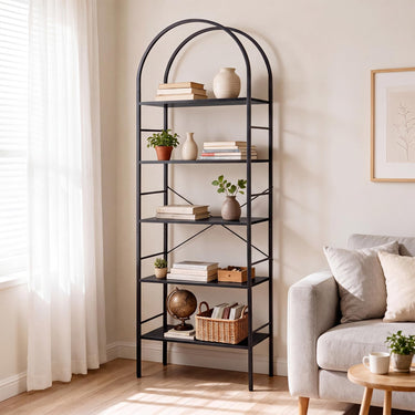 5-Tier Arched Bookcase with Open Wooden Shelves 174 cm Freestanding Bookshelf