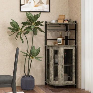 Industrial Corner Bar Cabinet with Glass Holder and Adjustable Shelf