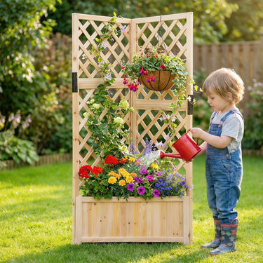 Corner Raised Garden Bed w/Trellises, Elevated Wooden Planter Box