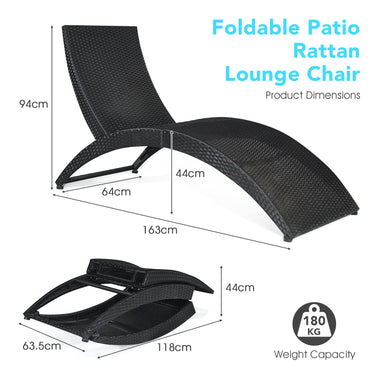 Foldable Patio Rattan Wicker Lounge Chair, Outdoor Reclining Sun Lounger Chair, Portable Rattan Chaise Chair with Cushion - PatiojoyAU