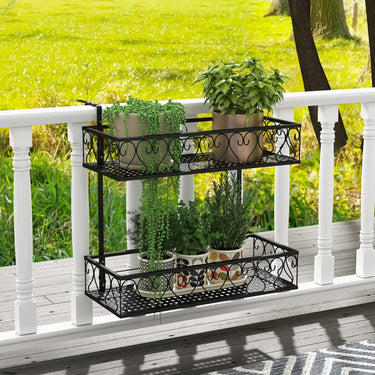 2-Tier Balcony Flowerpot Holder W/ 2 Planter Baskets, Hanging Flower Rack Railing Shelf