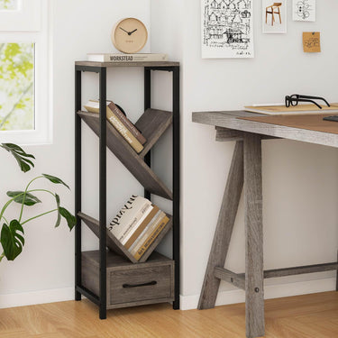 4 Tier Floor Standing Tree Bookshelf with Drawer for Small Space