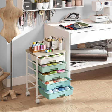 5-Drawer Rolling Cart with Wooden Tabletop and Metal Frame