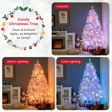 1.85m/2.15 m Pink Snow Flocked Christmas Tree Artificial w/ 8 LED Lighting Modes
