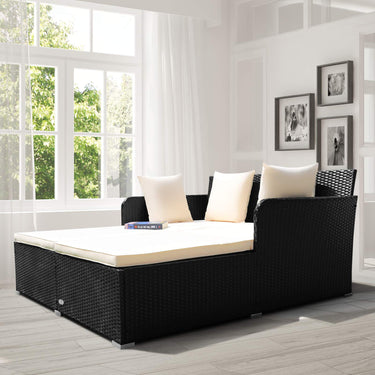 Rattan Daybed, Outdoor Furniture w/Spacious Seat, Weather-Resistant Rattan (Beige)