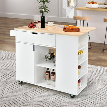Drop-Leaf Rolling Kitchen Island with Rubber Wood Top & Drawer