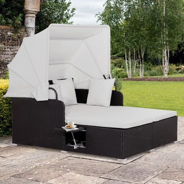 Outdoor Rattan Daybed W/Retractable Canopy Washable Cushion & Pillow