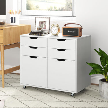 4-Drawer Mobile Wood Storage Cabinet with 2 Doors and 5 Universal Wheels