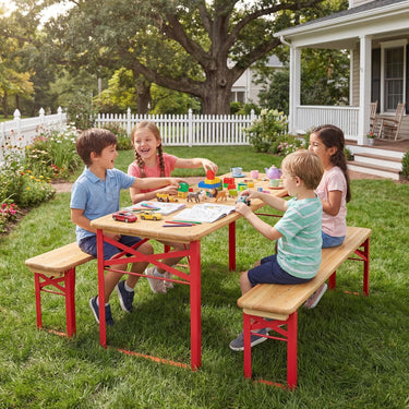 Folding Kids Picnic Table and Bench Set with 2 CM Thick Fir Wood Top for Boys and Girls