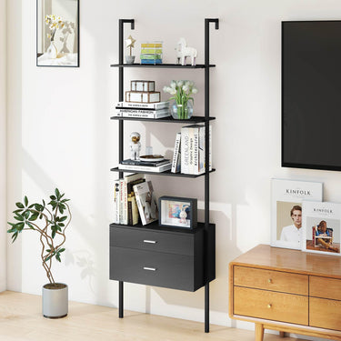 6-Tier Ladder Bookcase with 2 Drawers and Metal Frame