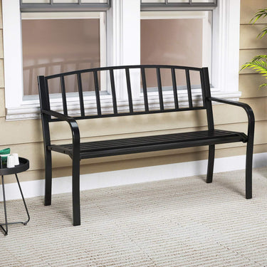 Outdoor Bench 127cm Garden Bench with Slatted Backrest and Curved Armrests
