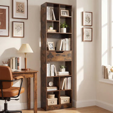 180cm Tall Freestanding Bookcase with Drawer and 2 Anti-Tip Kits for Home Office